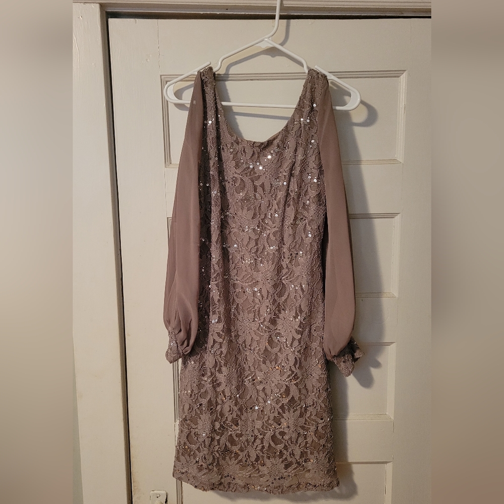 Taupe Cocktail Dress, Long Sleeve with slit and cuff